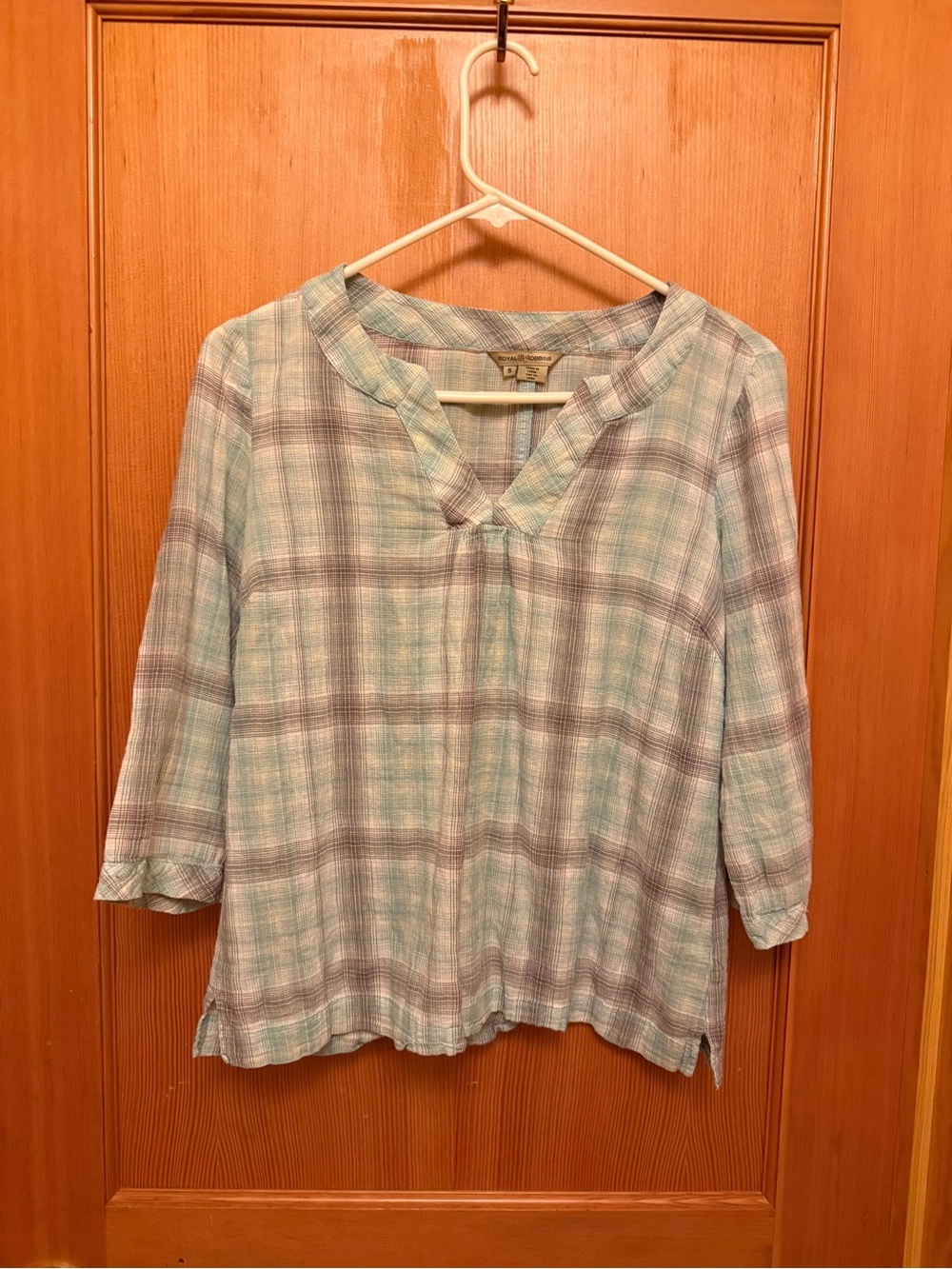 Royal Robbins Plaid 3/4 Split Neck Tunic Top Sage Green Gray Size S
